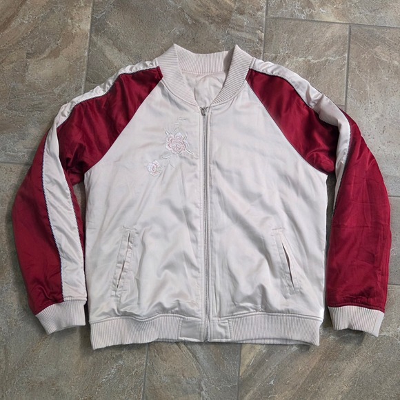 Unbranded Jackets & Blazers - Reversible Floral Embroidered Quilted Bomber Jacket Cream Burgundy Peach Boho M